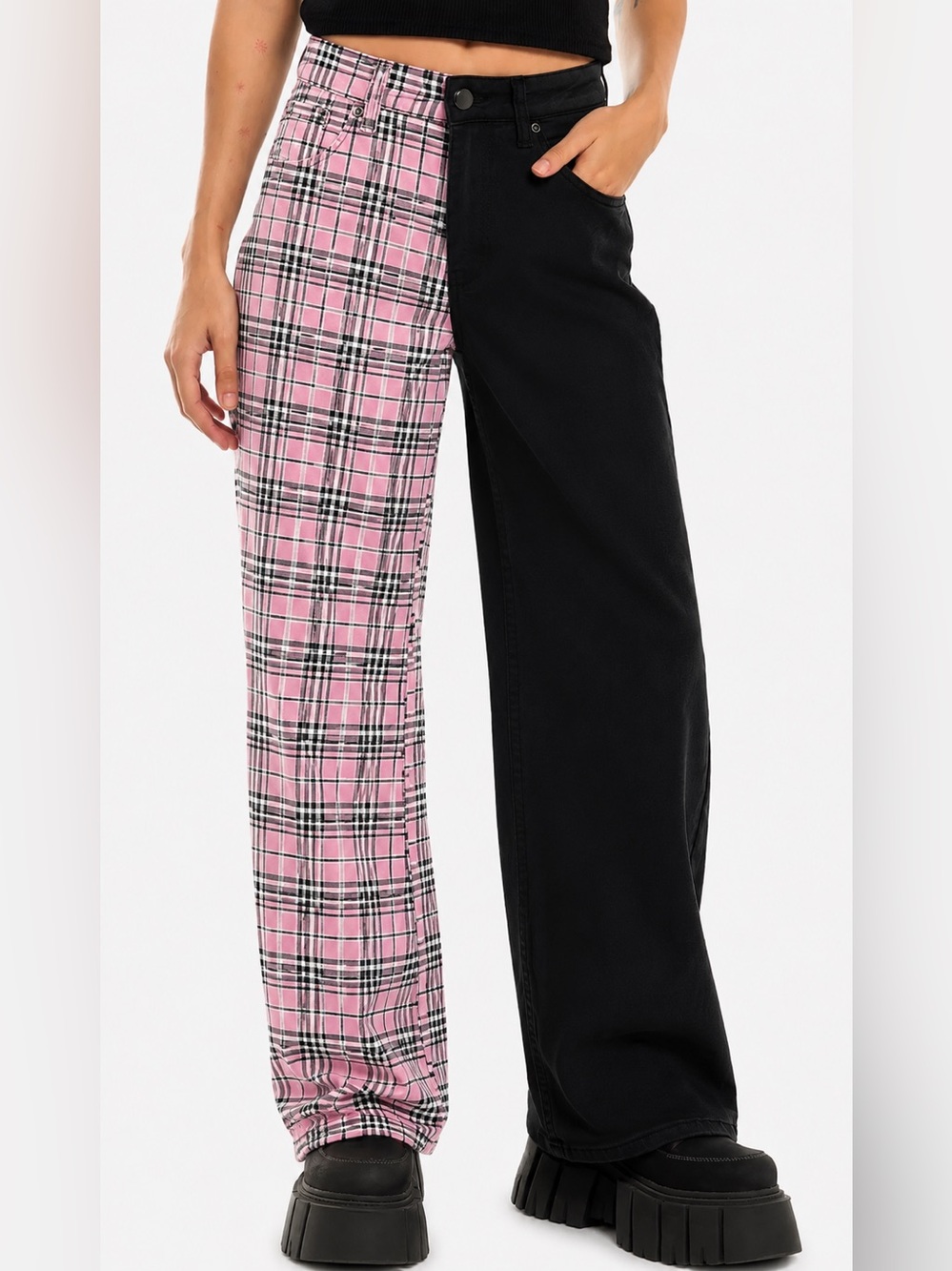 Hot Topic Black & Pink Split Plaid Skinny Pants Punk Goth Emo Size S